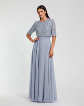Chiffon Gown w/ Fully Beaded 3/4 Sleeve Top